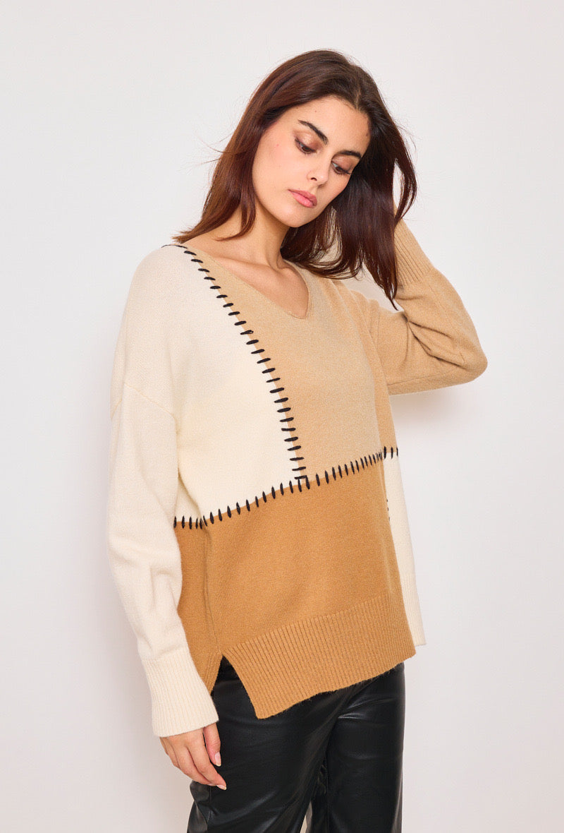 Pull col V avec cachemire écru beige cognac taille Unique Col V avec cachemire-viscose-laine