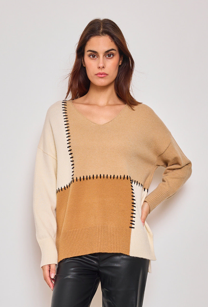 Pull col V avec cachemire écru beige cognac taille Unique Col V avec cachemire-viscose-laine