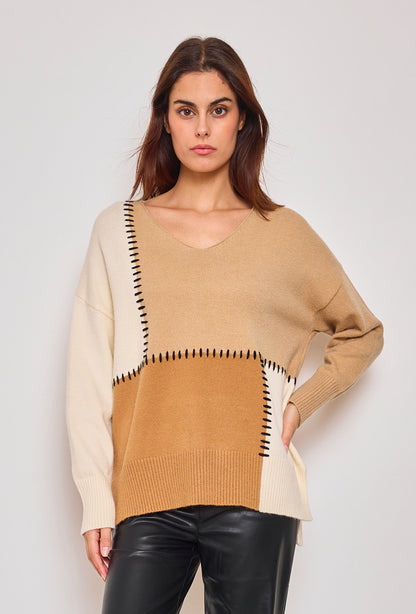 Pull col V avec cachemire écru beige cognac taille Unique Col V avec cachemire-viscose-laine